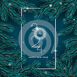 Happy New 2024 Year. Holiday background with spruce branch and falling snowflakes. White frame and 2024 lettering with clock