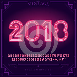 2018 Happy New Year Holiday. Bright Neon Alphabet Letters, Numbers and Symbols