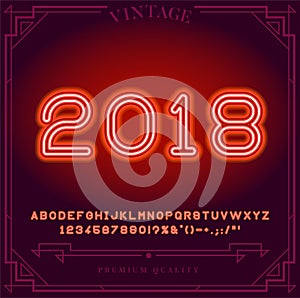 2018 Happy New Year Holiday. Bright Neon Alphabet Letters, Numbers and Symbols Sign in Vector.