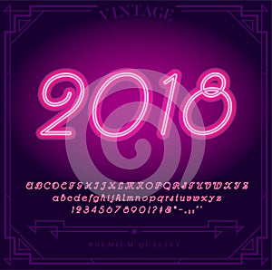 2018 Happy New Year Holiday. Bright Neon Alphabet Letters, Numbers and Symbols Sign in Vector.