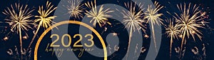 2023 Happy New Year holiday Greeting Card banner panorama - Golden semicircle with text and firework fireworks pyrotechnics on