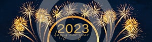 2023 Happy New Year holiday Greeting Card banner panorama - Golden semicircle with text and firework fireworks pyrotechnics on