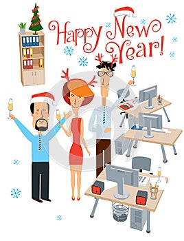 Happy New Year. Holiday at the office. Cheerful colleagues congratulate