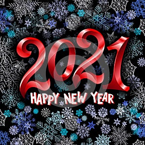 Happy New 2021 Year. Holiday vector illustration of red gradient numbers 2021 snowflakes background. Festive poster or banner