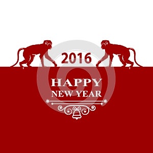 Happy New Year holidays 2016 Decorations Card. Silhouette monkey on red white background. Greeting card, invitation, brochure, fly