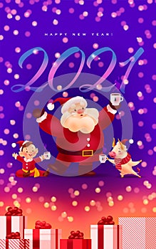 Happy New year illustration with 2021 numbers, Santa Claus, boy elf in red costume, bull mascot cartoon characters celebrating on