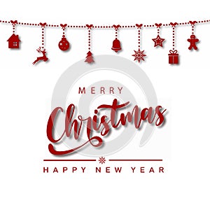 Happy New Year illustration with hanging red Xmas ornaments. Vector