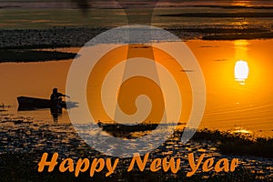 Happy New Year Image with Sunrise and Boatman Silhouette