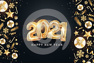 Happy New Year, Inscription 2021 golden balloons on a dark background, creative background. Year of the white bull, flyer, poster