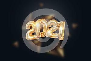 Happy New Year, Inscription 2021 golden balloons on a dark background, creative background. Year of the white bull, flyer, poster