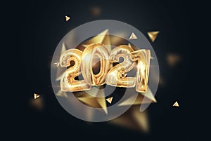 Happy New Year, Inscription 2021 golden balloons on a dark background, creative background. Year of the white bull, flyer, poster