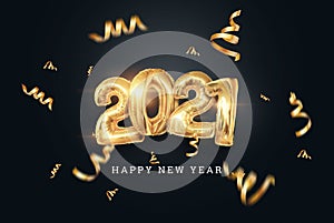 Happy New Year, Inscription 2021 golden balloons on a dark background, creative background. Year of the white bull, flyer, poster