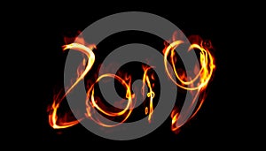 Happy new year 2019 isolated numbers lettering written with white fire flame or smoke on black background