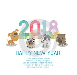 Happy New Year 2018 kids background, happy child with Happy new year 2018, dog`s,Colorful Vector Illustration