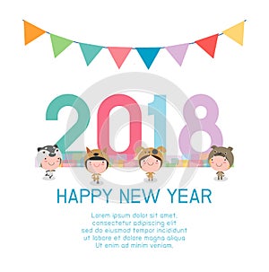 Happy New Year 2018 kids background, happy child with Happy new year 2018, dog`s,Colorful Vector Illustration
