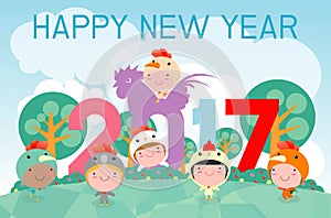 Happy New Year 2017 kids background, happy child with Happy new year 2017, rooster, Colorful Vector Illustration.