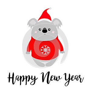 Happy New Year. Koala in red Santa hat, ugly sweater. Merry christmas. Kawaii animal. Cute cartoon bear baby character. Funny face