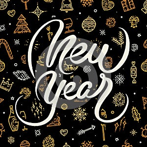 Happy New Year lettering on black background