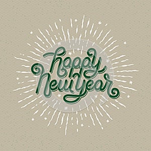 Happy New Year Lettering with burst rays. Holiday Vector Illustration. Lettering Composition And Light Rays Or Sunburst