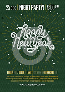 Happy New Year Lettering with burst rays. Holiday Vector Illustration. Lettering Composition And Light Rays Or Sunburst