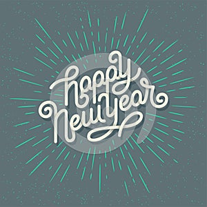 Happy New Year Lettering with burst rays. Holiday Vector Illustration. Lettering Composition And Light Rays Or Sunburst