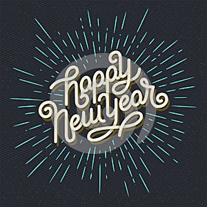 Happy New Year Lettering with burst rays. Holiday Vector Illustration. Lettering Composition And Light Rays Or Sunburst