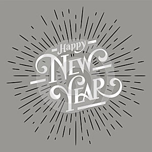 Happy New Year Lettering with burst rays. Holiday Vector Illustration. Lettering Composition And Light Rays Or Sunburst