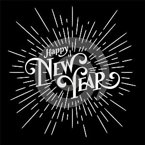 Happy New Year Lettering with burst rays. Holiday Vector Illustration. Lettering Composition And Light Rays Or Sunburst