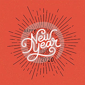 Happy New Year Lettering with burst rays. Holiday Vector Illustration. Lettering Composition And Rays Or Sunburst