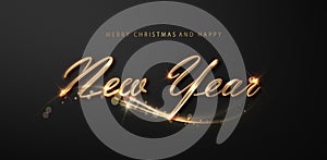 Happy New Year lettering calligraphy with golden shimmering particles on black background. Typographic element for