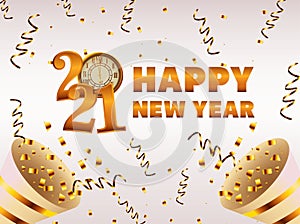 happy new year lettering card with 2021 number and cornets
