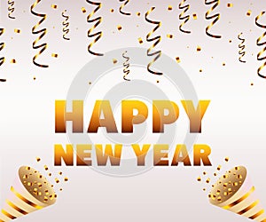 happy new year lettering card with golden cornets and confetti