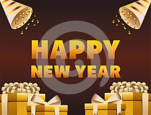 happy new year lettering card with golden cornets and gifts