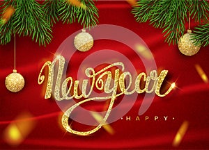 Happy New Year lettering greeting card for holiday. Golden confetti. Calligraphy lettering New Year. Vector Illustration