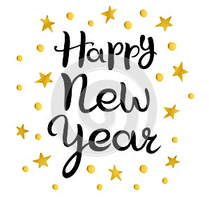 Happy new year. Lettering. Hand drawn Inscription. Black inscription, golden stars and circles isolated on white background photo