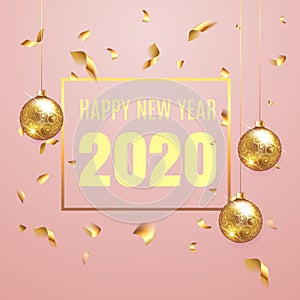 2020 happy new year lettering luxury premium text template with golden confetti and Christmas ball in pink elegant background.