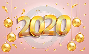 2019 happy new year lettering luxury premium text template with golden confetti and christmas ball in pink elegant