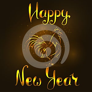 Happy new year lights and glitter background. 2017 symbol, the rooster silhouette