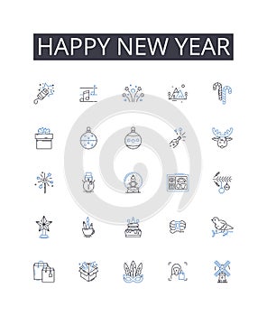 Happy new year line icons collection. Resolution, Cooperation, Understanding, Communication, Compromise, Negotiation