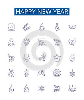 Happy new year line icons signs set. Design collection of Glad, Joyous, Cheerful, Merry, Festive, Blessing, Jubilant