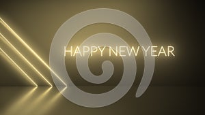 Happy new year with line light on left slide on color gold and reflective floor background. festive concept, christmas