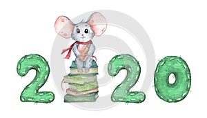 Happy New Year 2020 with little mouse sitting on a stack of books. Watercolor illustration