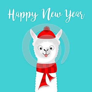 Happy New Year. Llama alpaca baby face neck. Santa Claus red hat, scarf. Cute cartoon funny kawaii character. Merry Christmas.