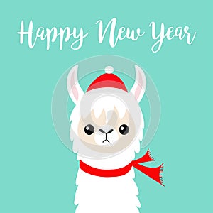 Happy New Year. Llama alpaca baby face. Santa red hat, scarf. Merry Christmas. Cute cartoon funny kawaii character. Greeting card