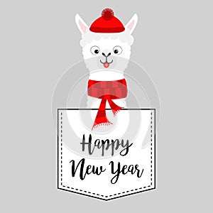 Happy New Year. Llama alpaca face head in the pocket. Red hat, scarf. Cute cartoon animals. Dash line. Kawaii character. White and