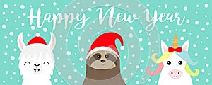 Happy New Year. Llama alpaca, sloth face set. Red Santa hat. Snow flake. Merry Christmas. Cute cartoon funny kawaii character.