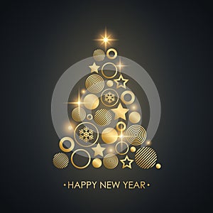 Happy New Year luxury celebrate card with gold new year tree. Golden christmas balls, stars, snowflakes and glowing lights decor.