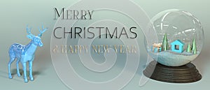 Happy New Year and Merry Christmas banner with deer. Xmas Snowball with trees and house. Glass snow globe realistic 3d