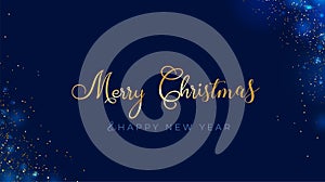 Happy New Year and Merry Christmas banner. Elegant navy xmas background with sparkling confetti