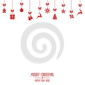 Happy New Year and Merry Christmas banner with hanging red Xmas ornaments. Vector